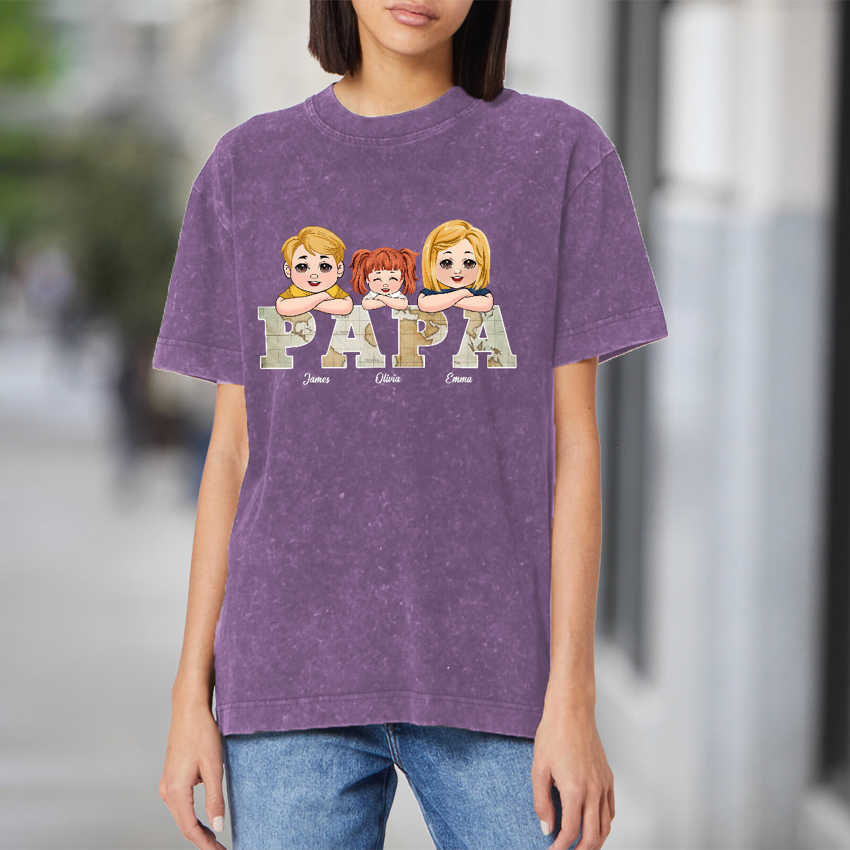 T-shirt personnalisé « Papa » avec carte vintage et inscription « Papa »