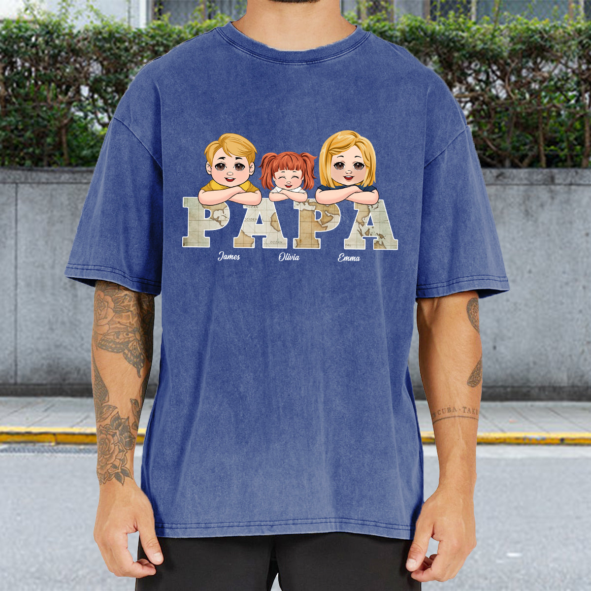 T-shirt personnalisé « Papa » avec carte vintage et inscription « Papa »