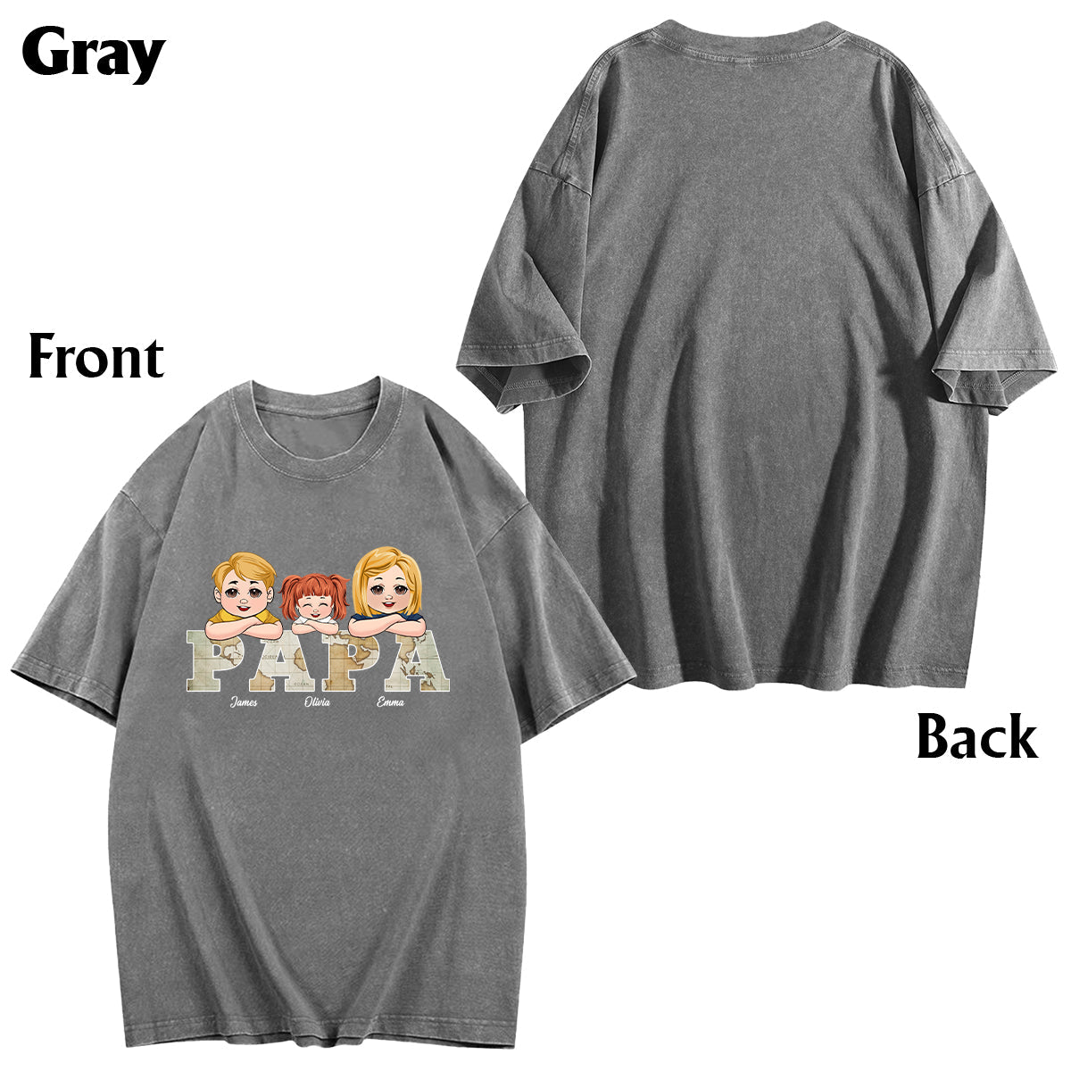 T-shirt personnalisé « Papa » avec carte vintage et inscription « Papa »