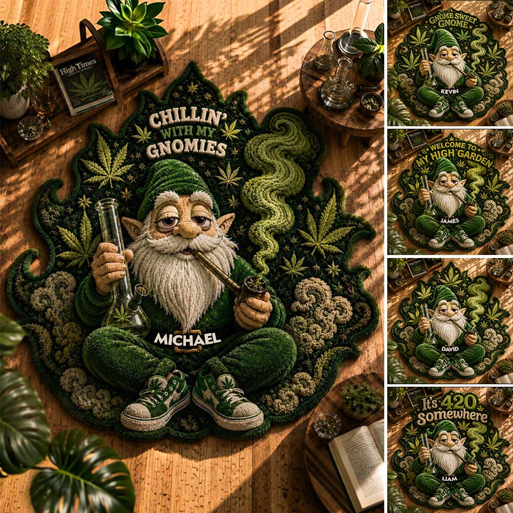 Gnome Fumeur, Il est 420 Quelque Part - Tapis de Porte Personnalisé en Forme de Weed