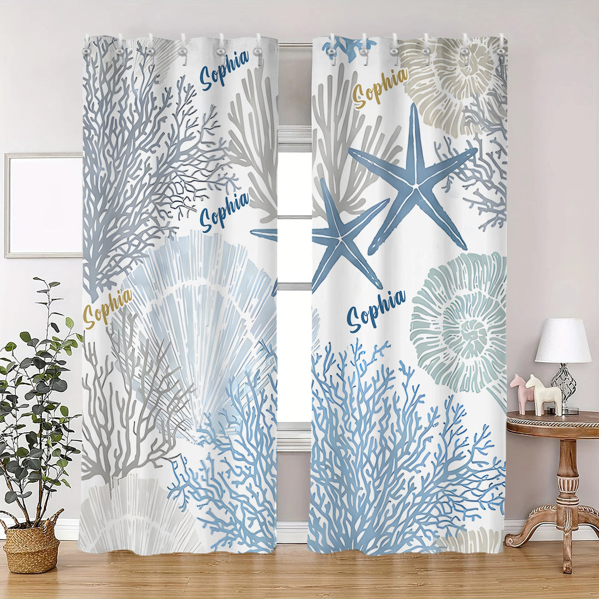 Coral Seashells Starfish - Personalized Sea Lover Blackout Window Curtain/ Drapes Set