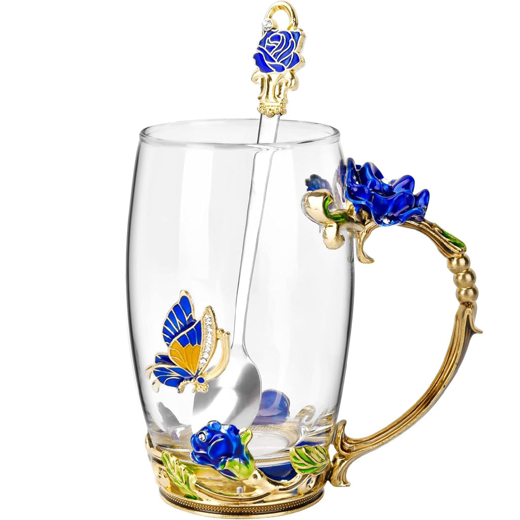 Mug à café en verre émaillé à motif papillon et fleurs