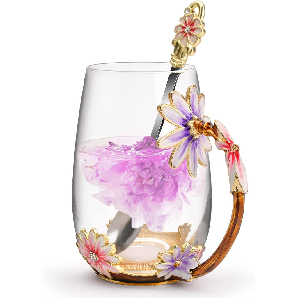 Mug à café en verre émaillé à motif papillon et fleurs