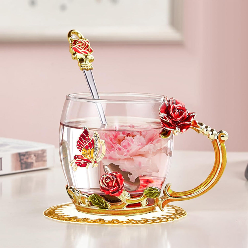 Mug à café en verre émaillé à motif papillon et fleurs