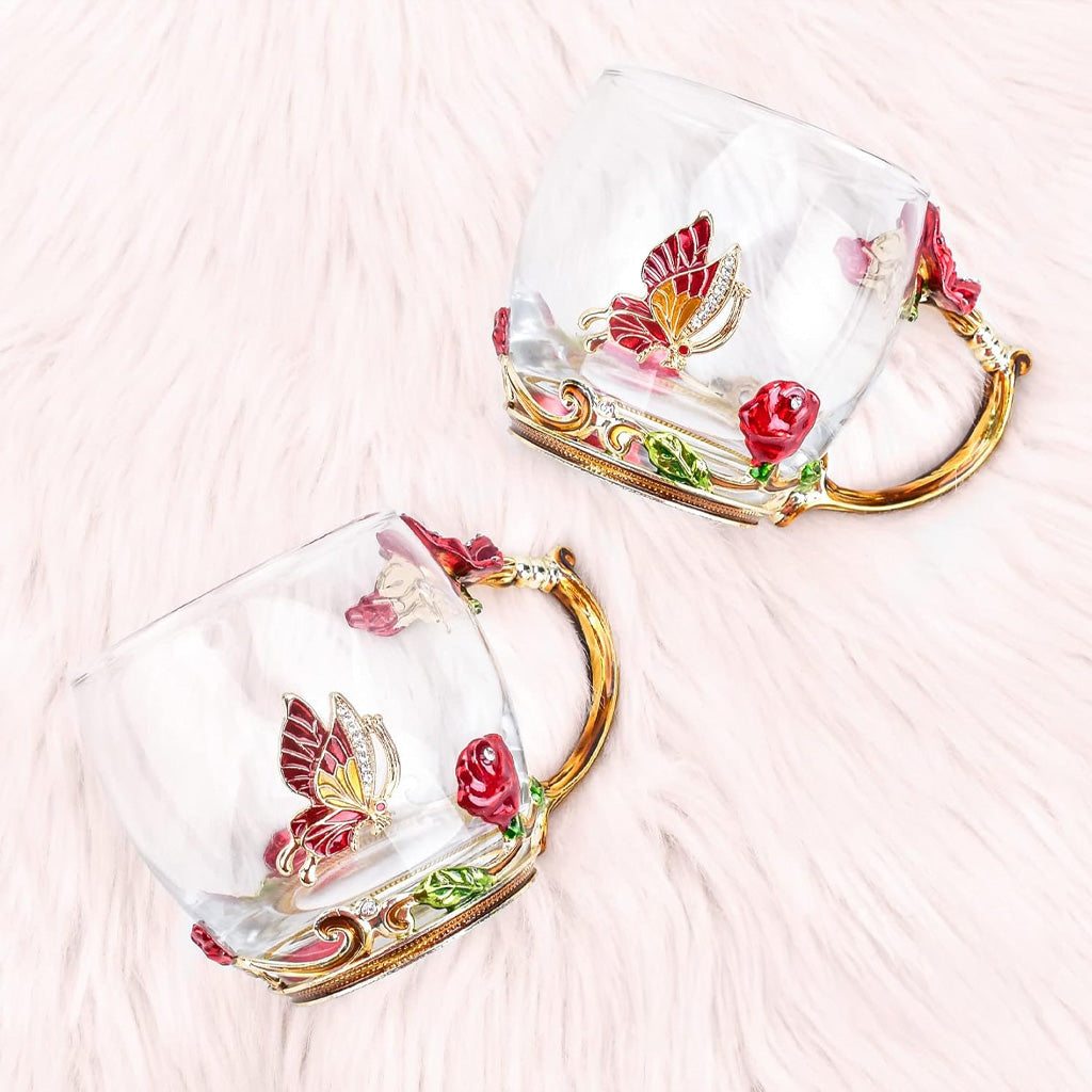 Mug à café en verre émaillé à motif papillon et fleurs