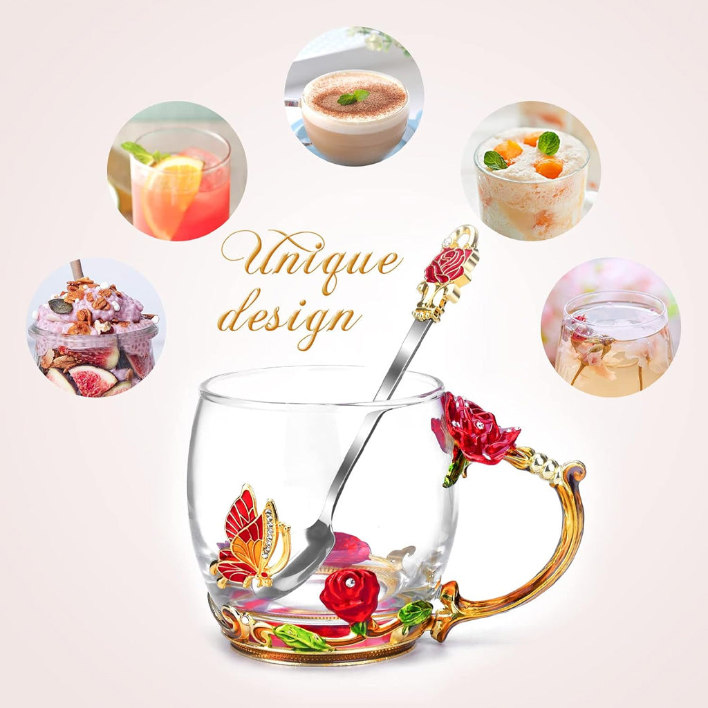 Mug à café en verre émaillé à motif papillon et fleurs