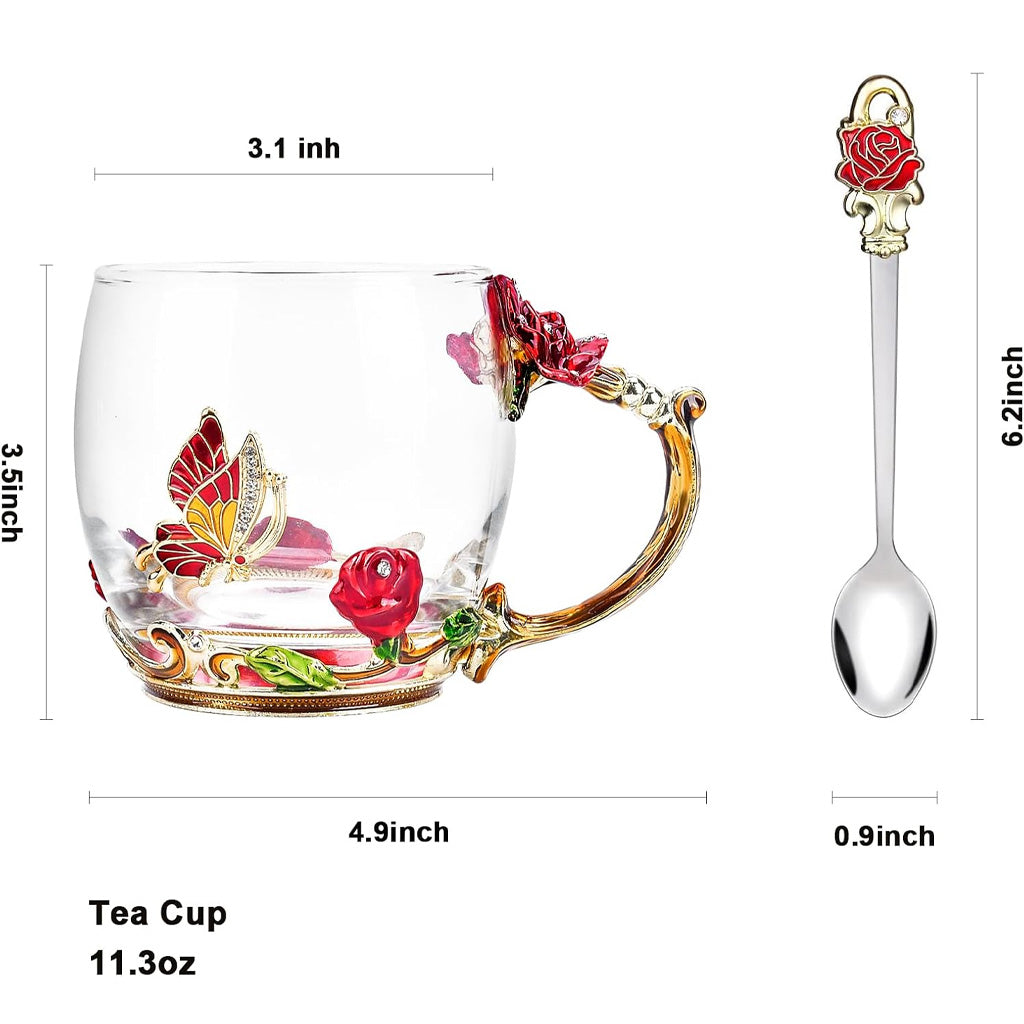 Mug à café en verre émaillé à motif papillon et fleurs