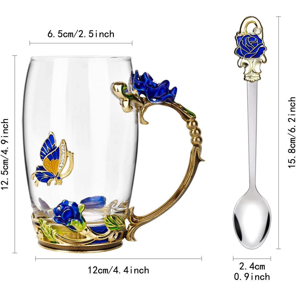 Mug à café en verre émaillé à motif papillon et fleurs