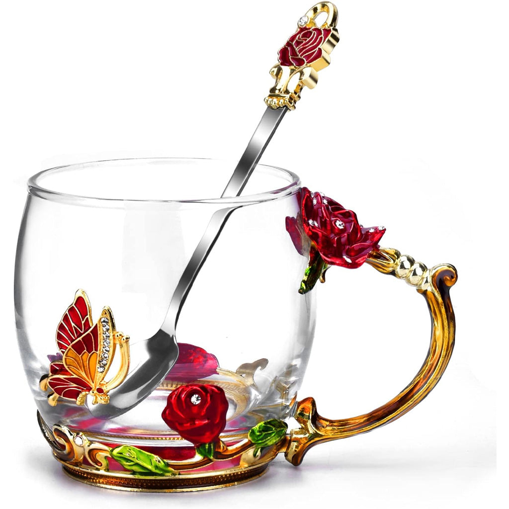 Mug à café en verre émaillé à motif papillon et fleurs