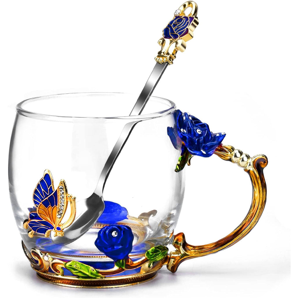 Mug à café en verre émaillé à motif papillon et fleurs
