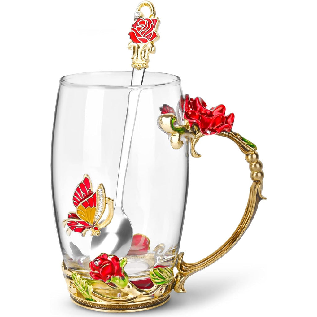 Mug à café en verre émaillé à motif papillon et fleurs