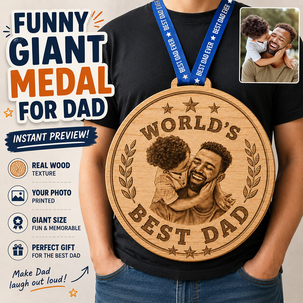 Médaillon Géant Amusant Meilleur Papa du Monde Photo Personnalisée - Panneau en Bois Personnalisé avec Écharpe