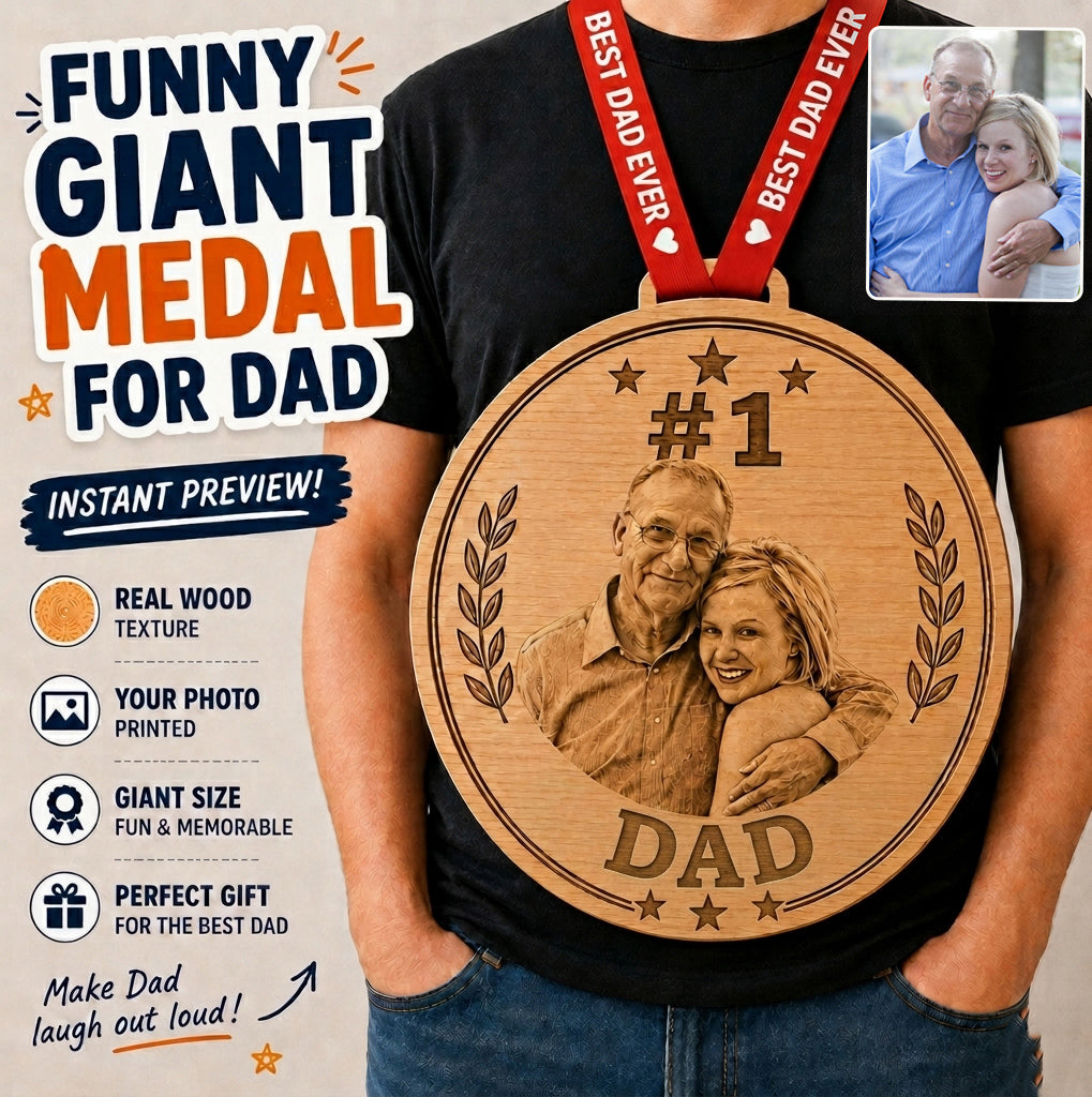 Médaillon Géant Amusant Meilleur Papa du Monde Photo Personnalisée - Panneau en Bois Personnalisé avec Écharpe