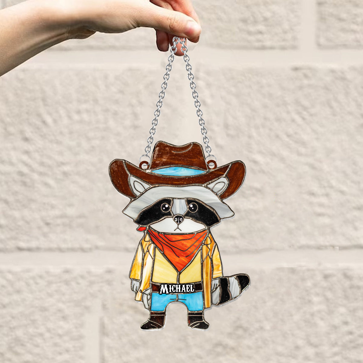 Vitrail Raton laveur Cowboy - Ornement attrape-soleil personnalisé à suspendre à la fenêtre, motif raton laveur 