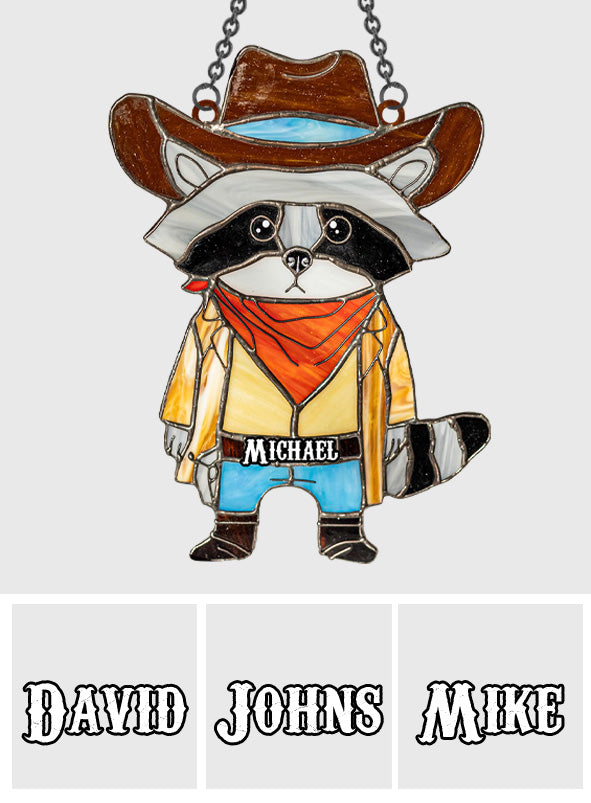 Vitrail Raton laveur Cowboy - Ornement attrape-soleil personnalisé à suspendre à la fenêtre, motif raton laveur 