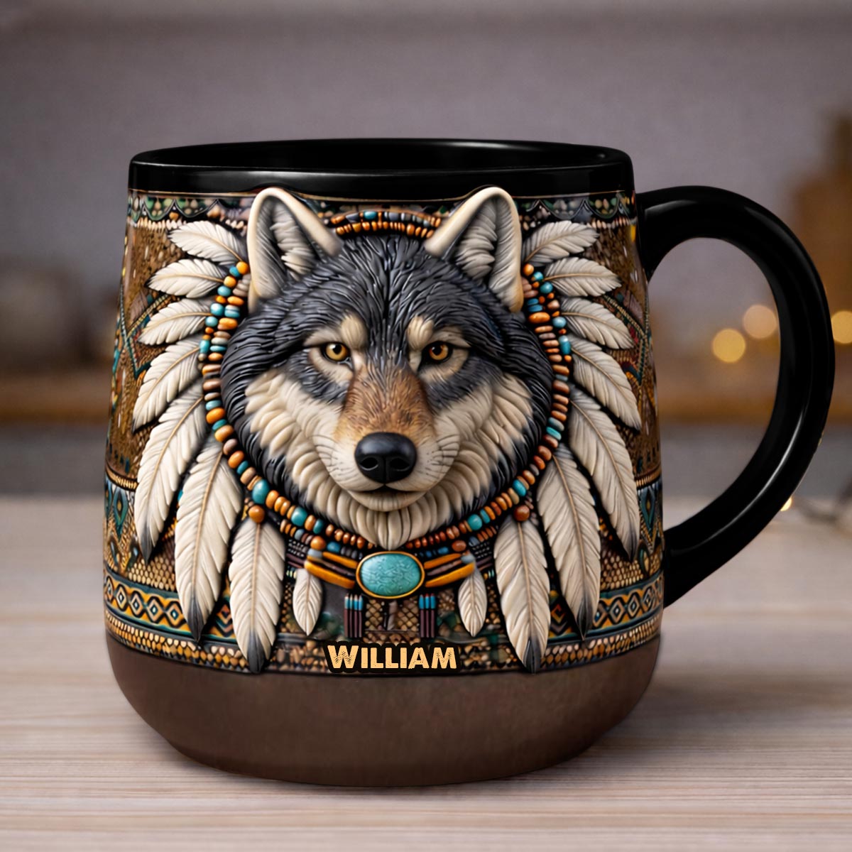 Mug en céramique personnalisé avec motif loup amérindien - Mug en céramique imprimé amérindien