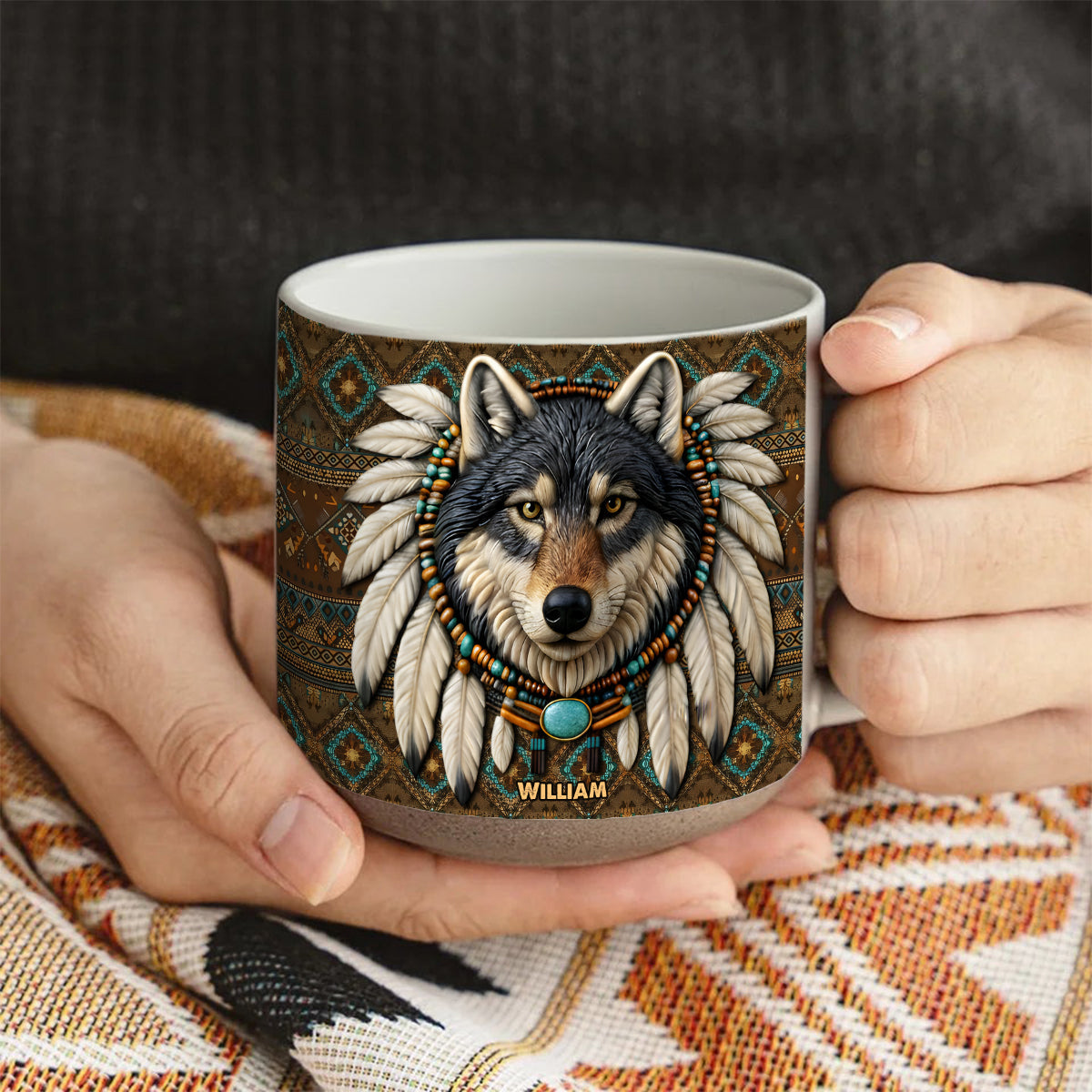 Mug en céramique personnalisé avec motif loup amérindien - Mug en céramique imprimé amérindien