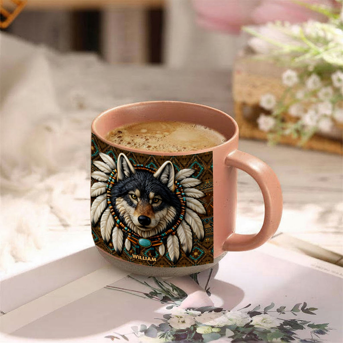 Mug en céramique personnalisé avec motif loup amérindien - Mug en céramique imprimé amérindien
