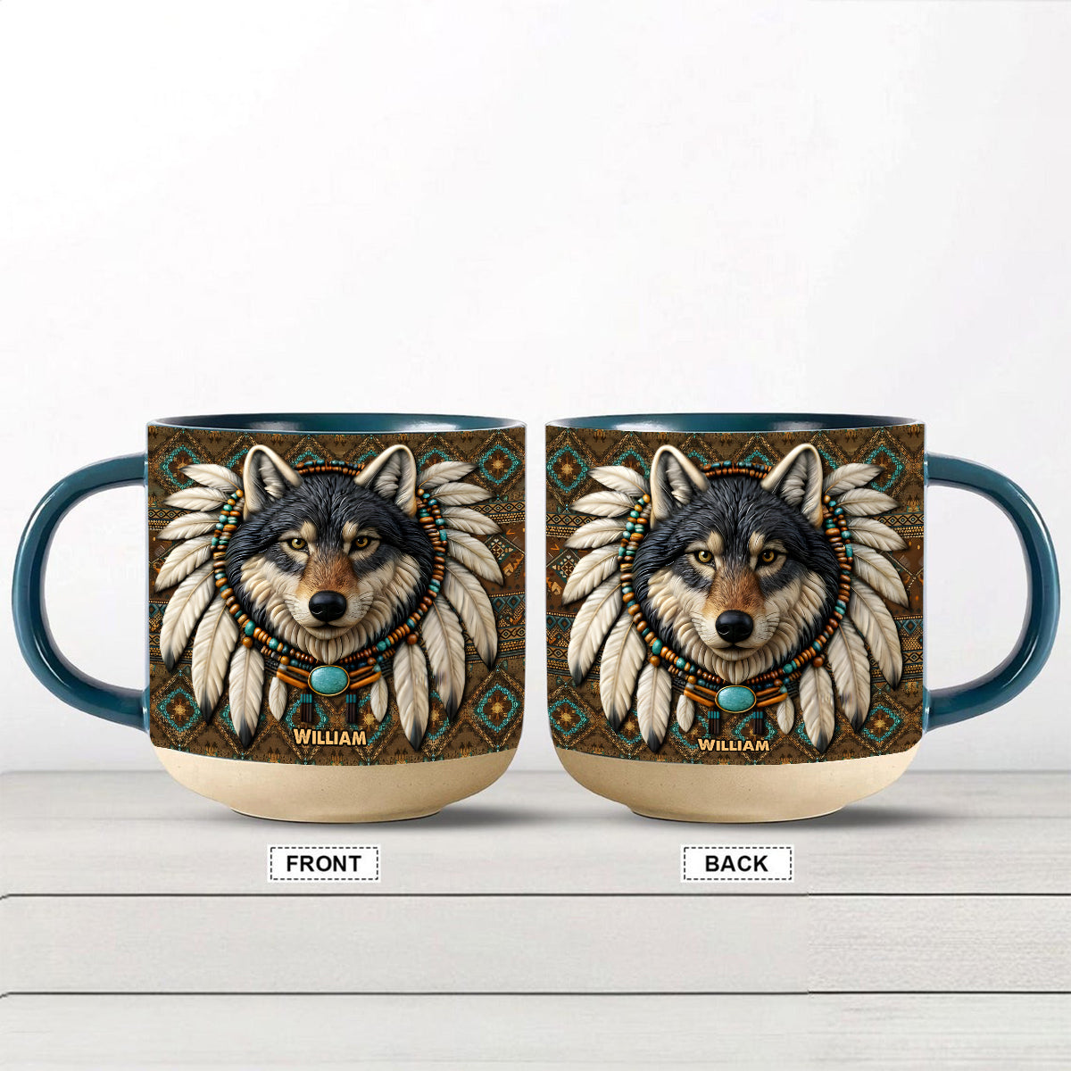 Mug en céramique personnalisé avec motif loup amérindien - Mug en céramique imprimé amérindien