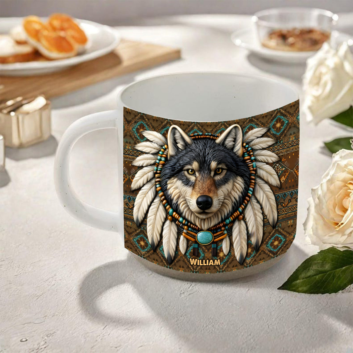 Mug en céramique personnalisé avec motif loup amérindien - Mug en céramique imprimé amérindien