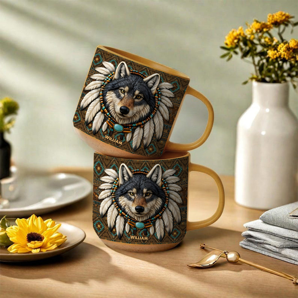 Mug en céramique personnalisé avec motif loup amérindien - Mug en céramique imprimé amérindien