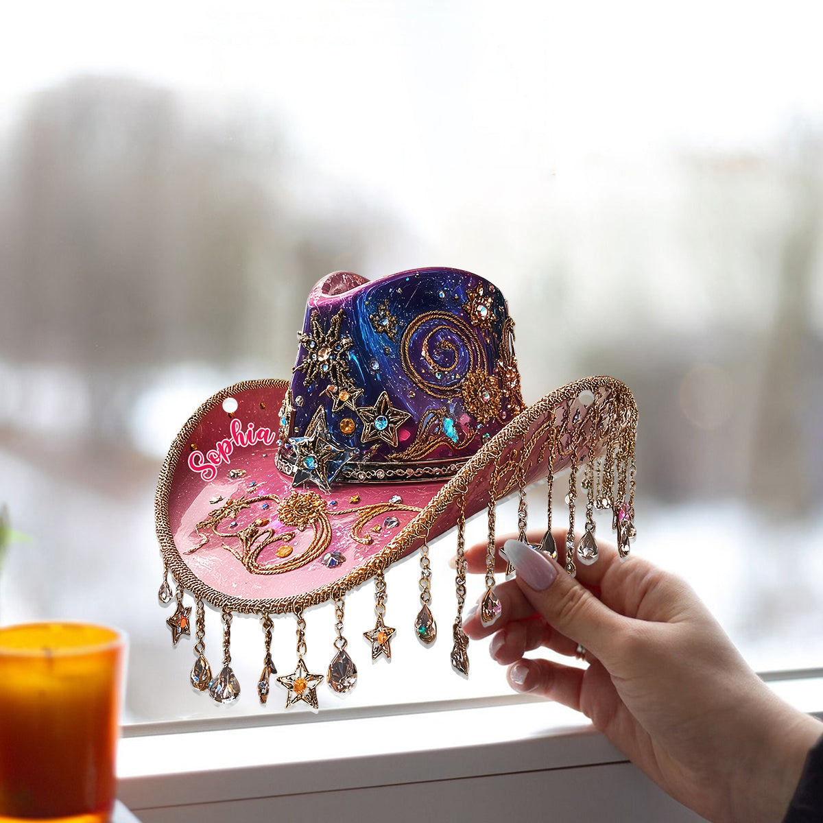 Magnifique chapeau de cowboy - Ornement attrape-soleil personnalisé pour fenêtre, style cowgirl