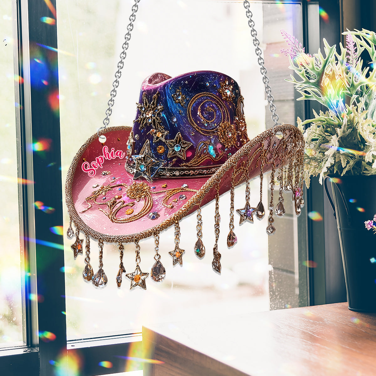 Magnifique chapeau de cowboy - Ornement attrape-soleil personnalisé pour fenêtre, style cowgirl