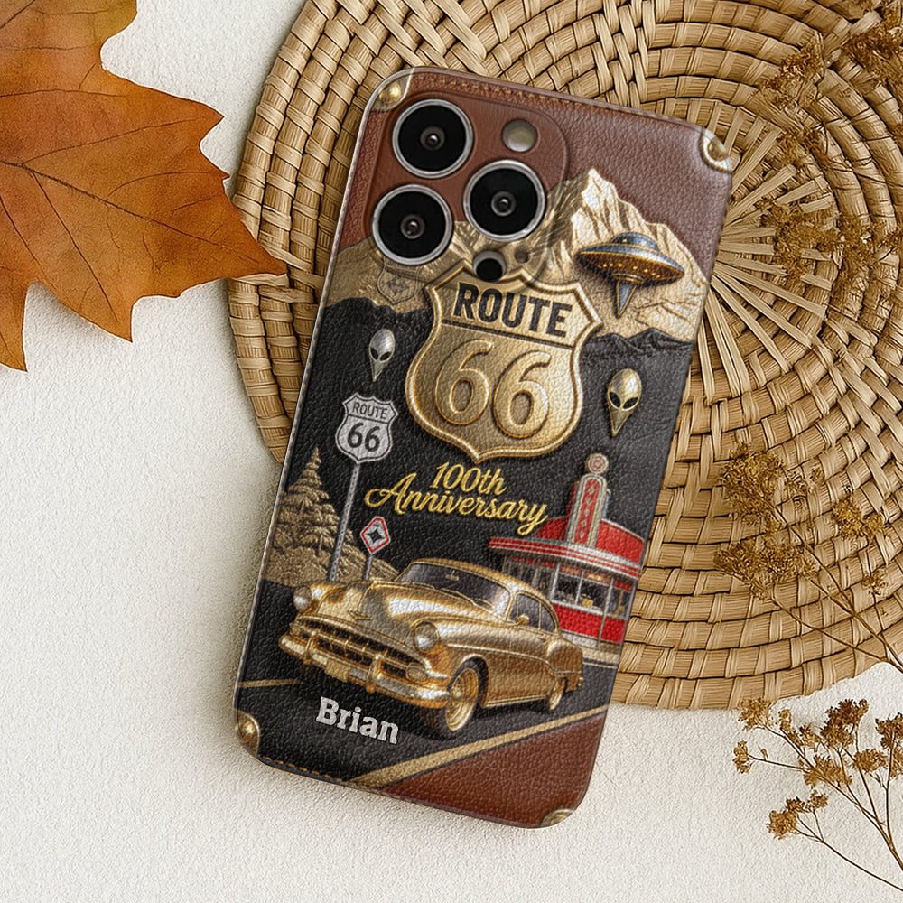 Étui de téléphone en cuir personnalisé pour les passionnés de voitures, à l'occasion du 100e anniversaire de la Route 66