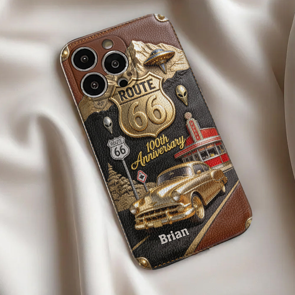 Étui de téléphone en cuir personnalisé pour les passionnés de voitures, à l'occasion du 100e anniversaire de la Route 66