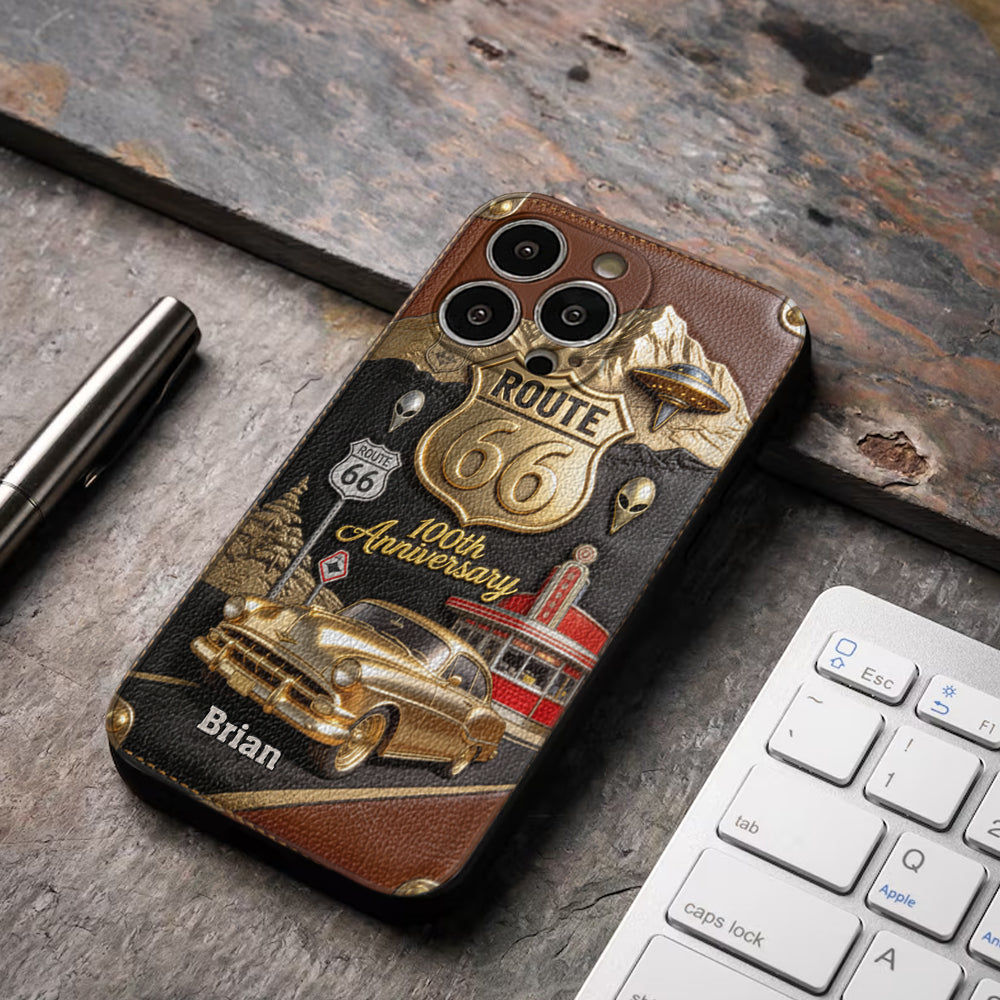 Étui de téléphone en cuir personnalisé pour les passionnés de voitures, à l'occasion du 100e anniversaire de la Route 66
