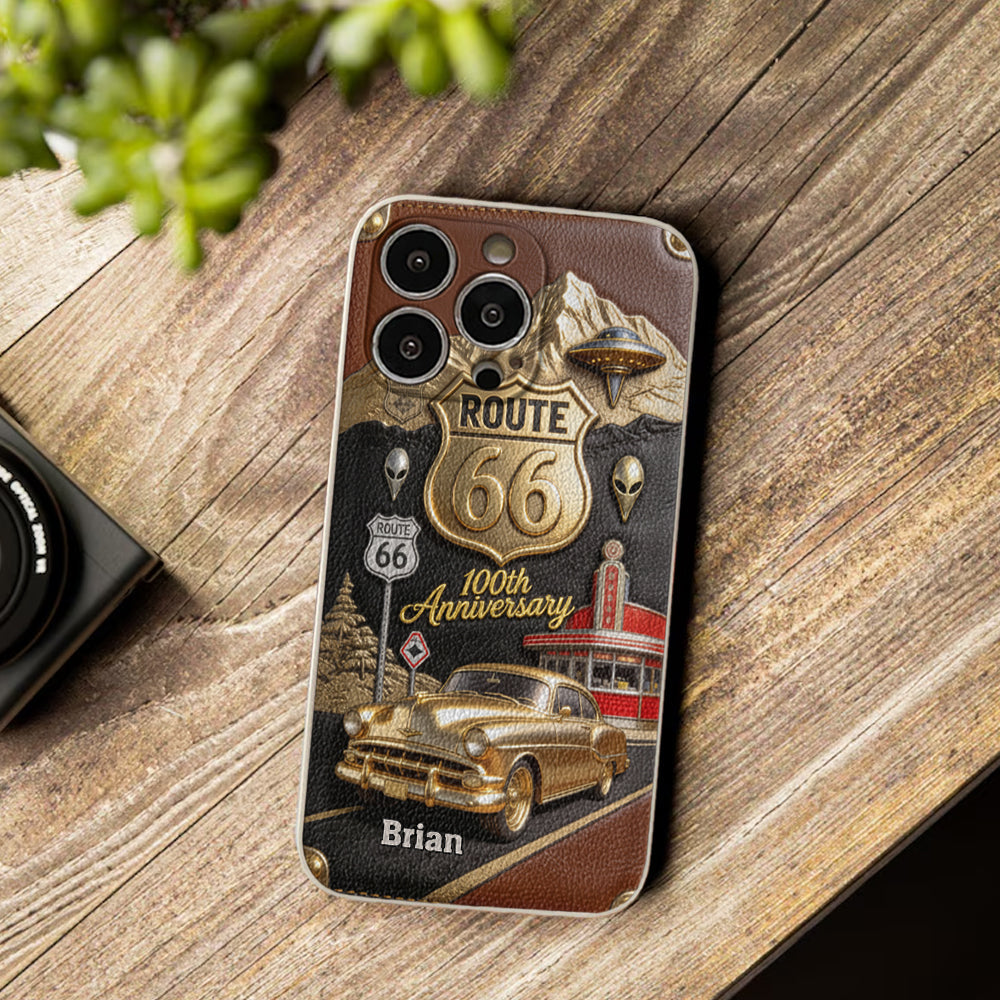 Étui de téléphone en cuir personnalisé pour les passionnés de voitures, à l'occasion du 100e anniversaire de la Route 66