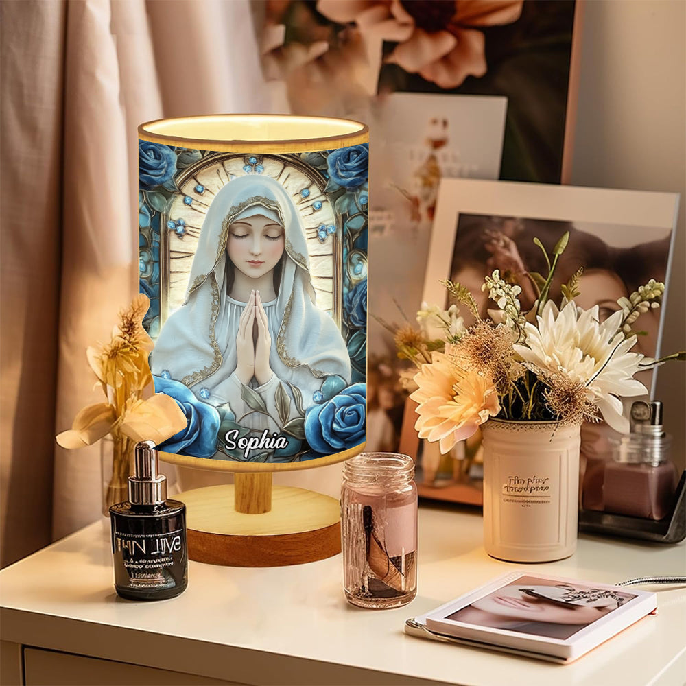 You're Forever Protected By Mary - Personalized Christian Table Lamp with Wood Base