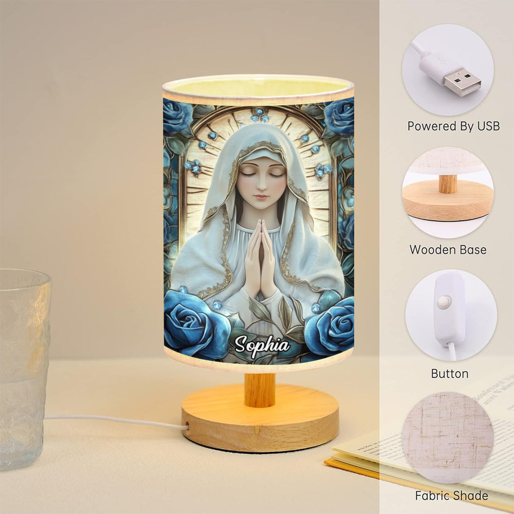 You're Forever Protected By Mary - Personalized Christian Table Lamp with Wood Base