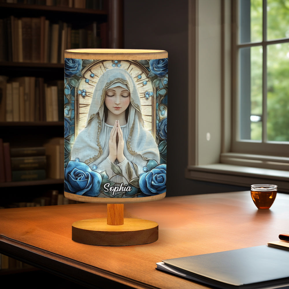 You're Forever Protected By Mary - Personalized Christian Table Lamp with Wood Base