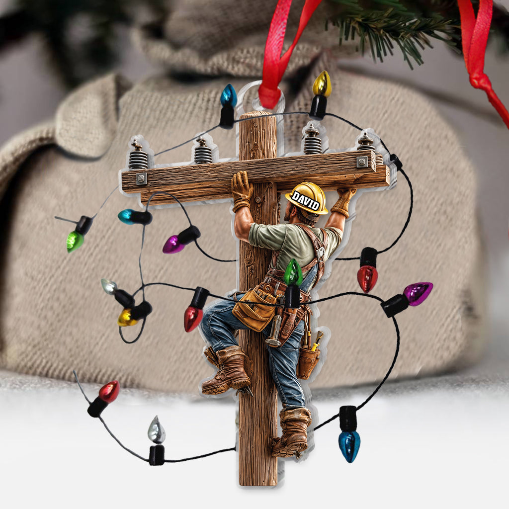 Lineman Ornament With Real Christmas String Light - Personalized Lineman Miniature Light String Ornament
