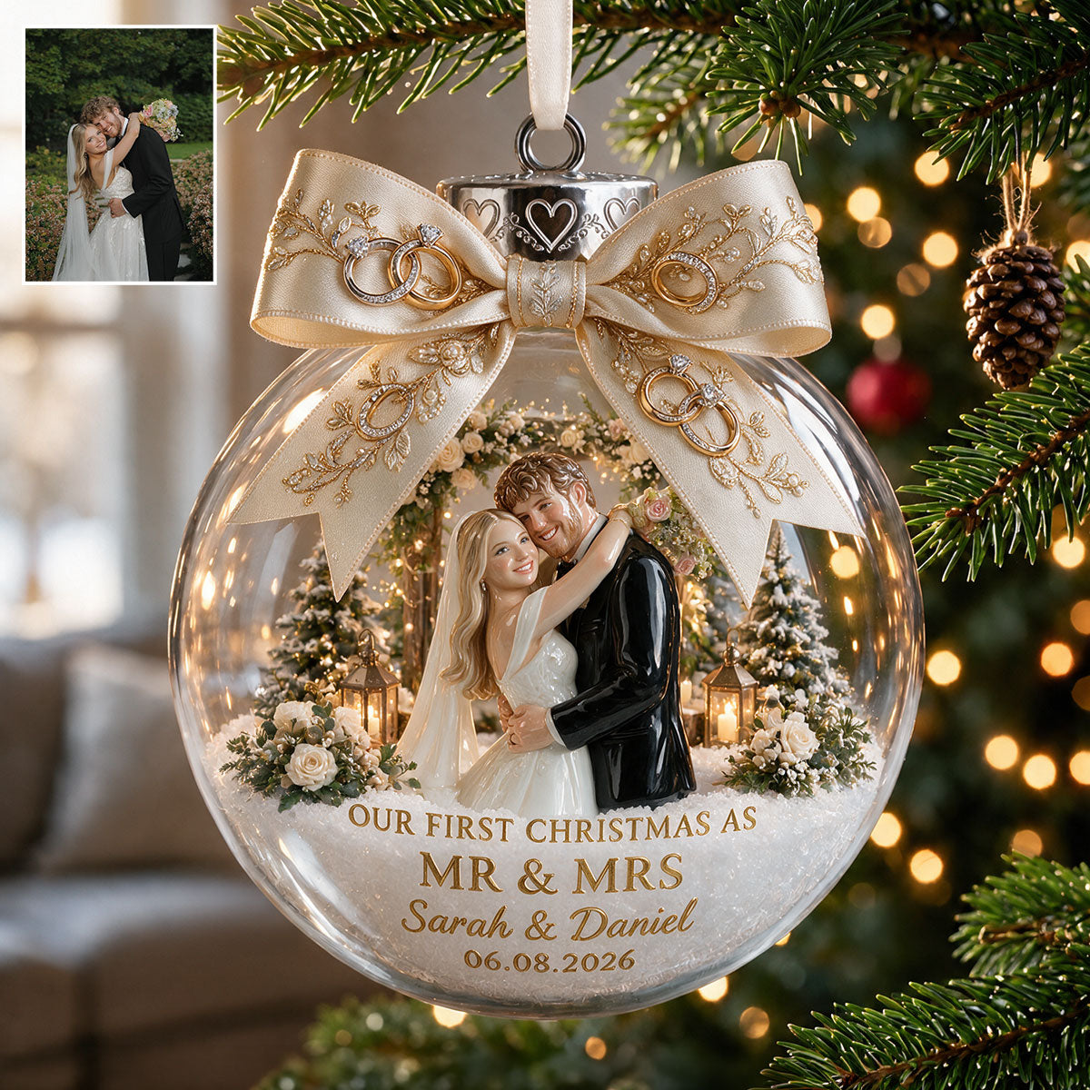 First Christmas Married - Personalized Couple Snow Globe Ornament With Bow