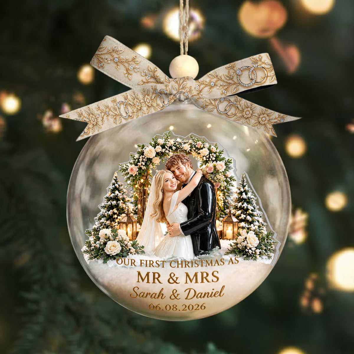First Christmas Married - Personalized Couple Snow Globe Ornament With Bow