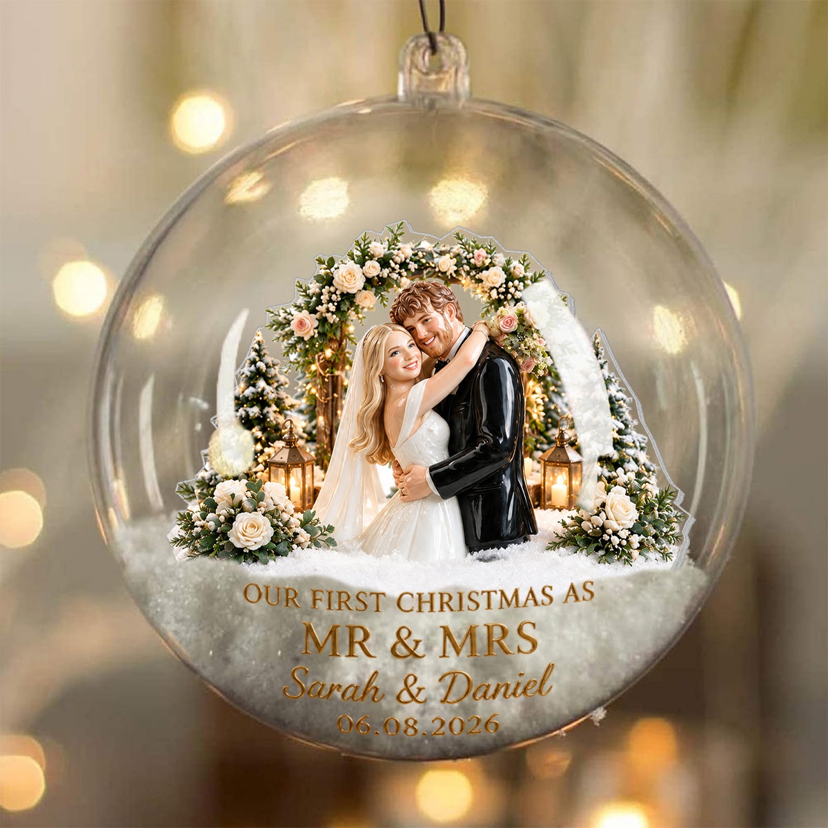 First Christmas Married - Personalized Couple Snow Globe Ornament With Bow