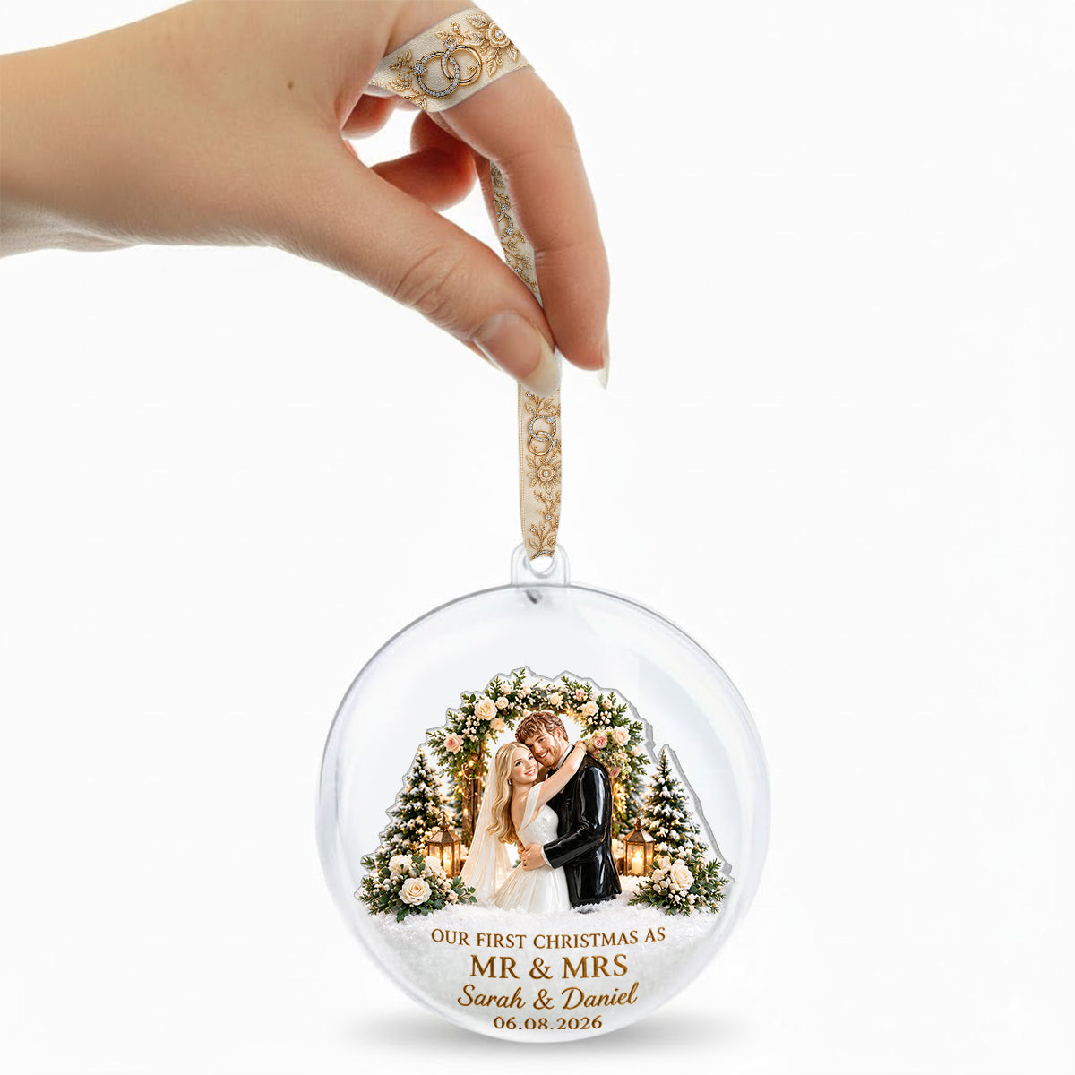First Christmas Married - Personalized Couple Snow Globe Ornament With Bow