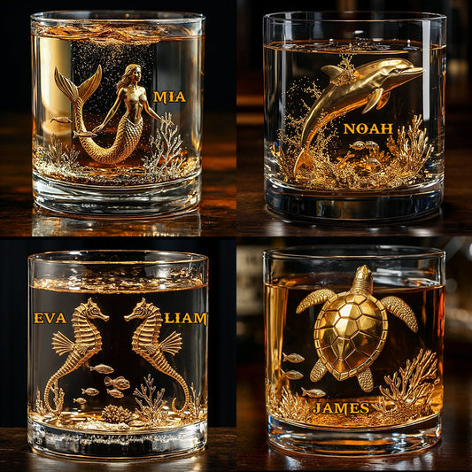 Cadeau pour les amoureux de la mer : Tortue, Dauphin, Sirène, Hippocampe - Verre à whisky personnalisé