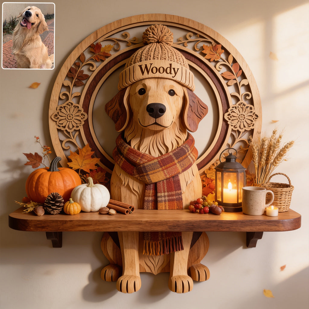 Hello Fall - Personalized Dog Wooden Floating Shelf