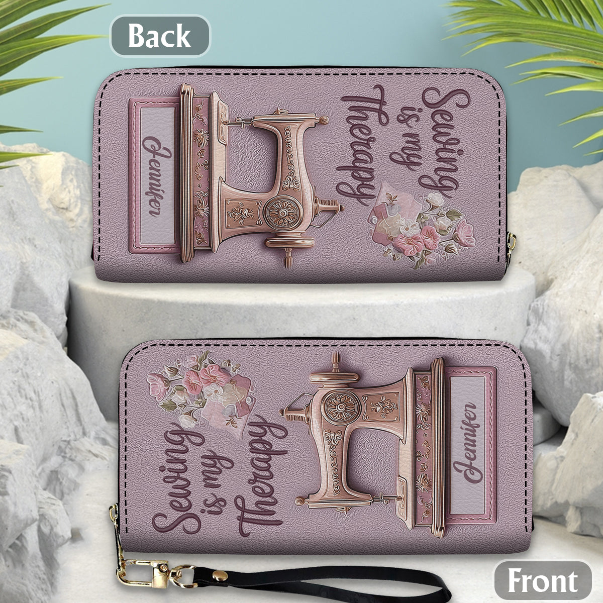 La couture est ma thérapie - Portefeuille long en cuir personnalisé