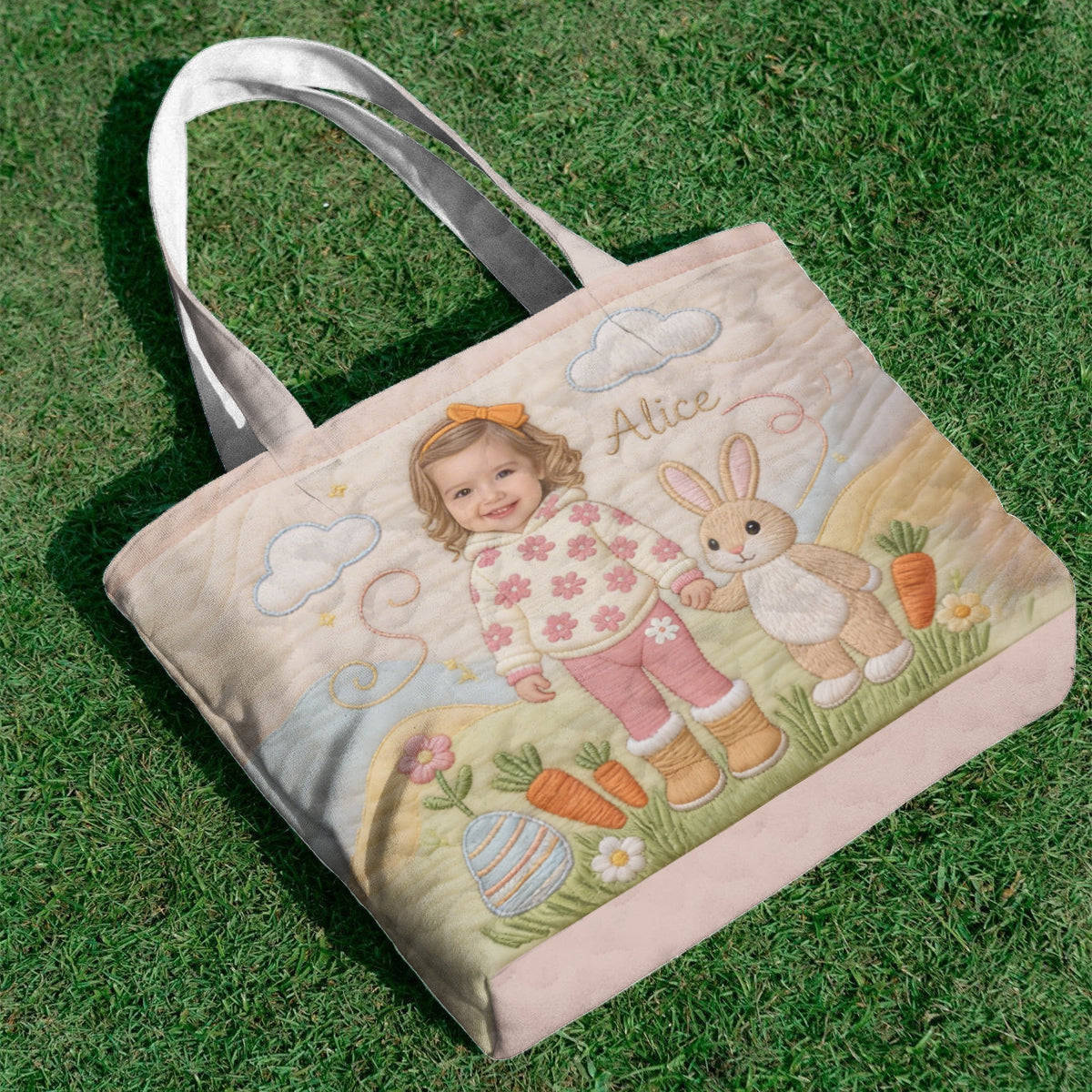 Custom Easter Bunny Tote Bag For Egg Hunt - Personalized Kid Quilted Tote Bag