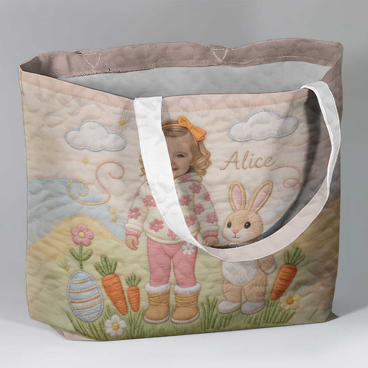 Custom Easter Bunny Tote Bag For Egg Hunt - Personalized Kid Quilted Tote Bag