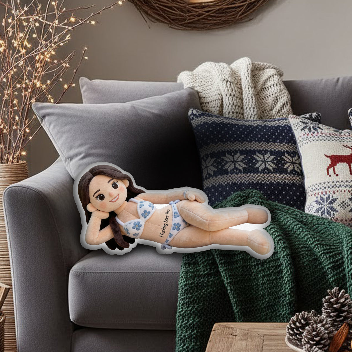 Romantique et coquin - Coussin personnalisé en fausse fourrure pour couple épicé