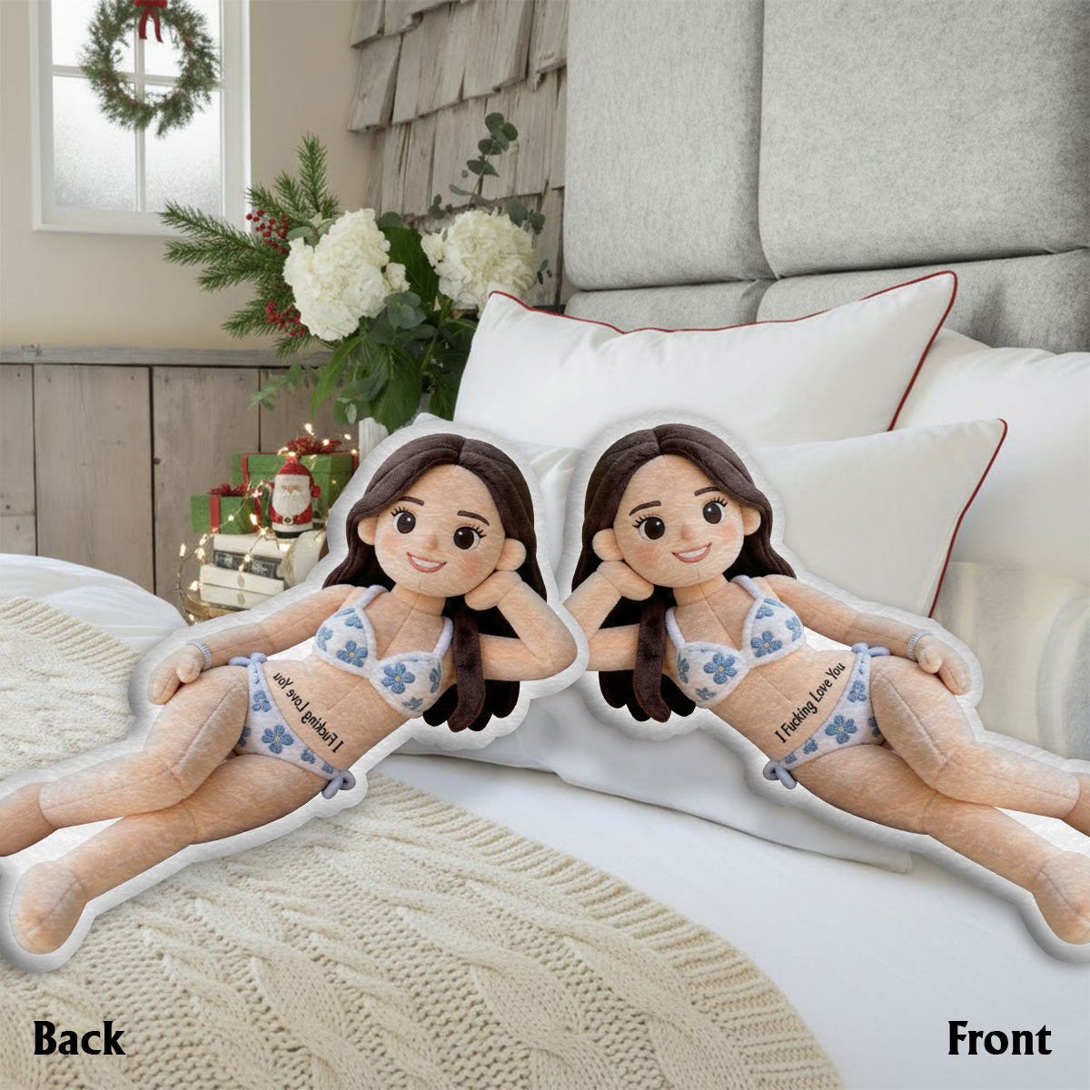 Romantique et coquin - Coussin personnalisé en fausse fourrure pour couple épicé