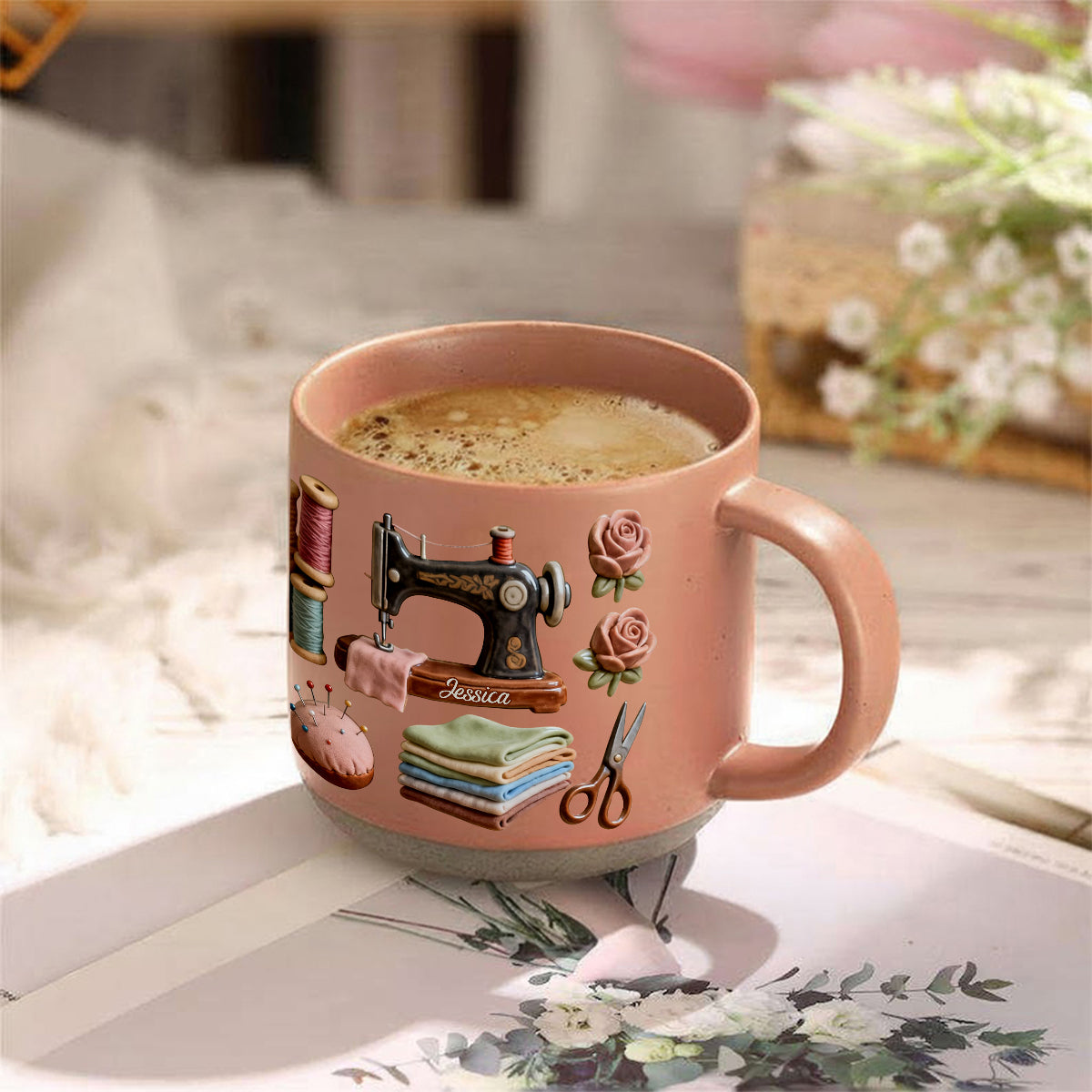 J'adore coudre - Mug en céramique personnalisé avec impression sur le thème de la couture