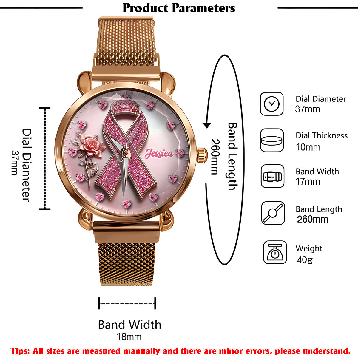 Foi, Espoir, Amour - Montre-bracelet personnalisée pour femmes, sensibilisation au cancer du sein