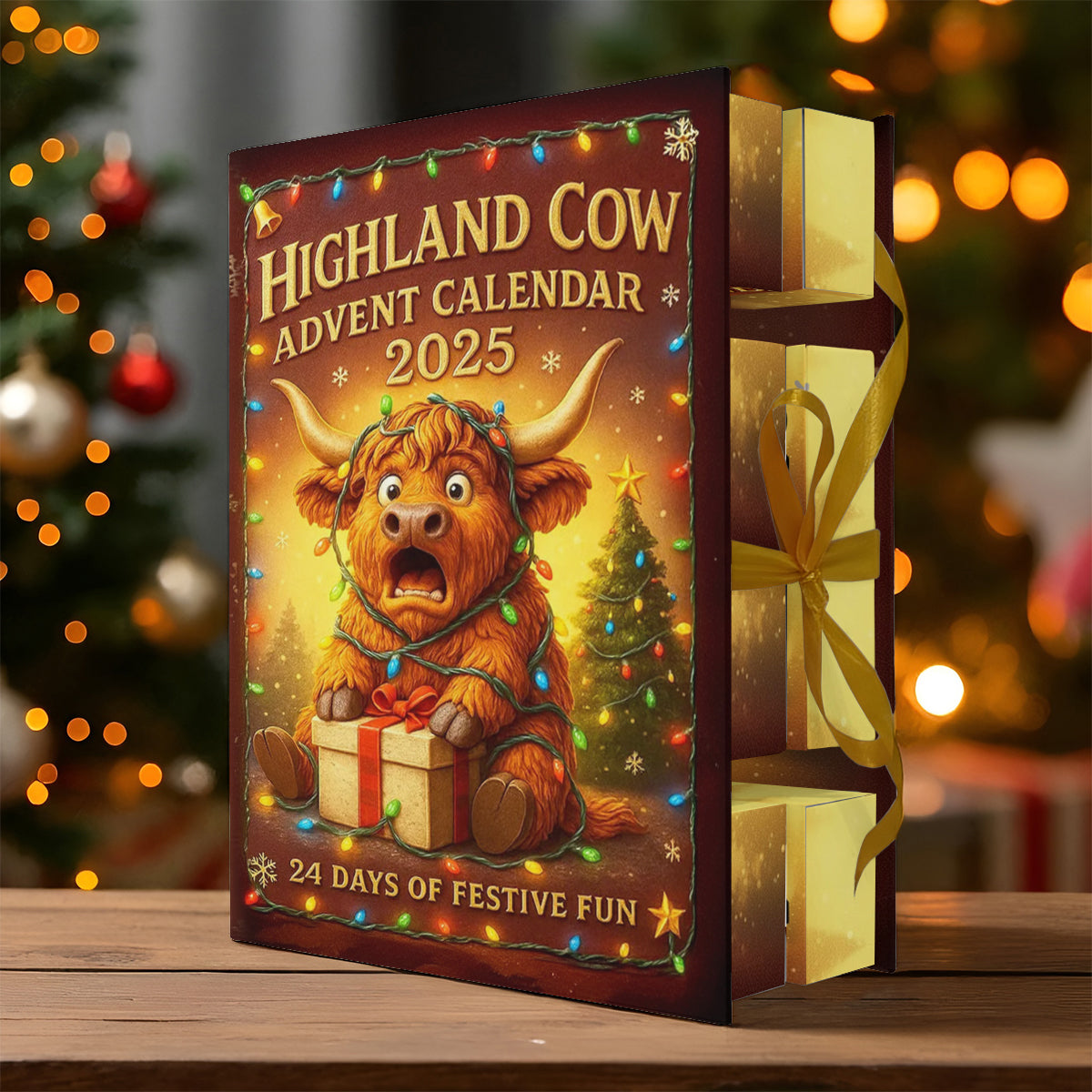Calendrier de l'Avent Vache des Highlands 2025 - Calendrier de l'Avent plié Vache des Highlands avec décorations