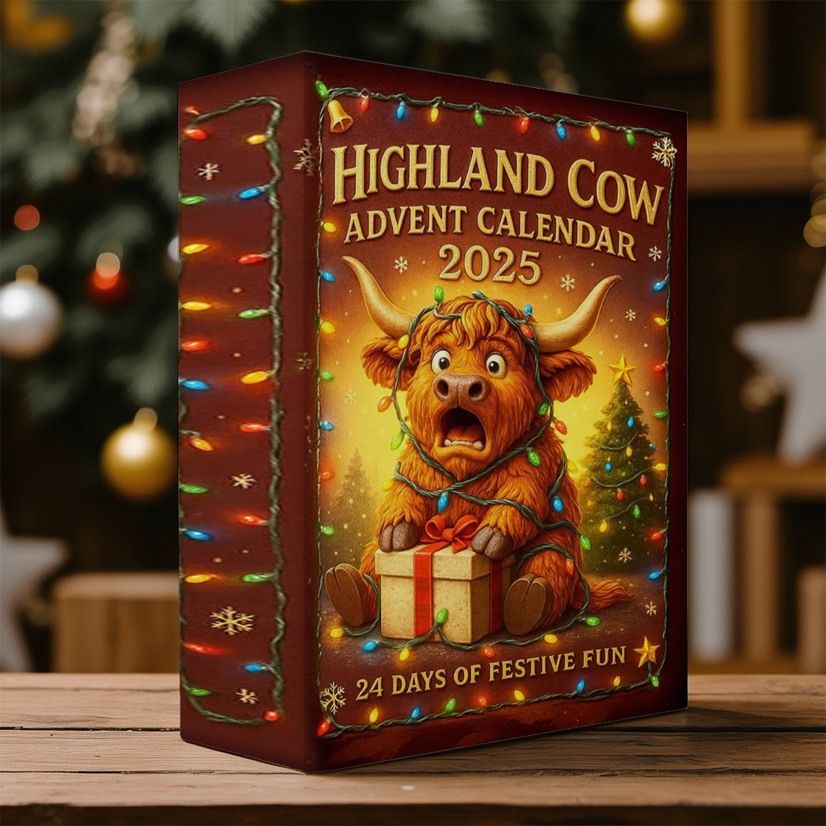 Calendrier de l'Avent Vache des Highlands 2025 - Calendrier de l'Avent plié Vache des Highlands avec décorations